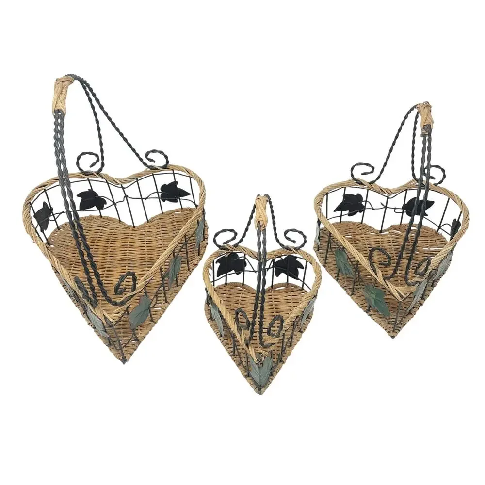 Vintage 90's Heart Shape Nesting Baskets‎ 3 Pc Twisted Handle Metal Green Ivy